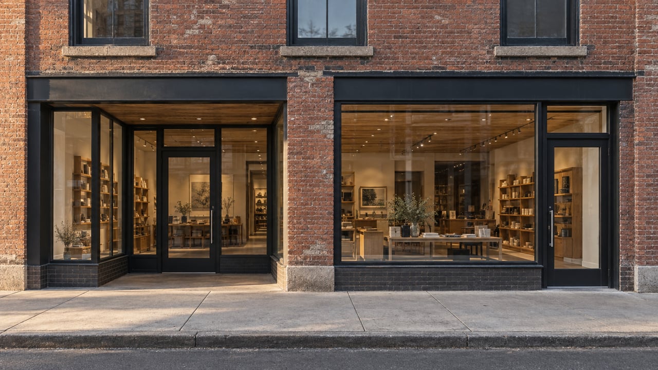 Two-story red-brown brick storefront with black-framed windows, recessed glass entrance, and broad concrete sidewalk.