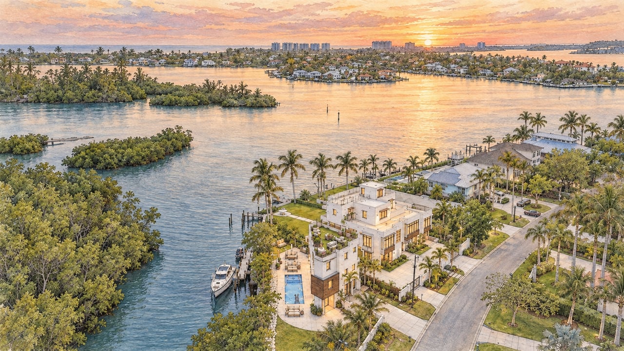 Waterfront homes with private docks and a pool beside a palm-lined bay at sunset.
