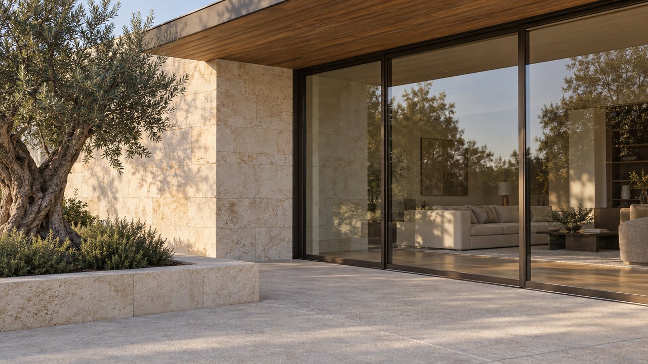Limestone estate facade with bronze-framed glass doors, cedar overhang, and an olive tree in a raised planter.