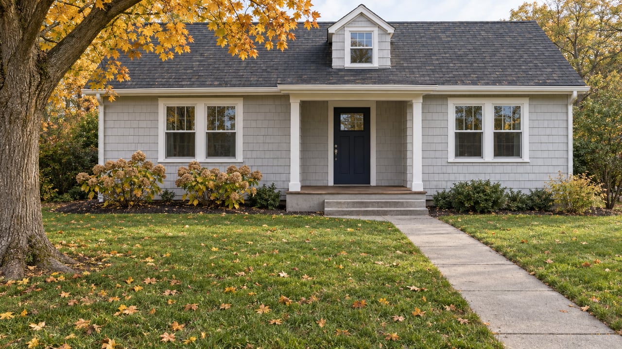 Gray shingle cottage behind a deep autumn lawn, with a navy front door, low covered porch, and yellow-orange maple canopy.