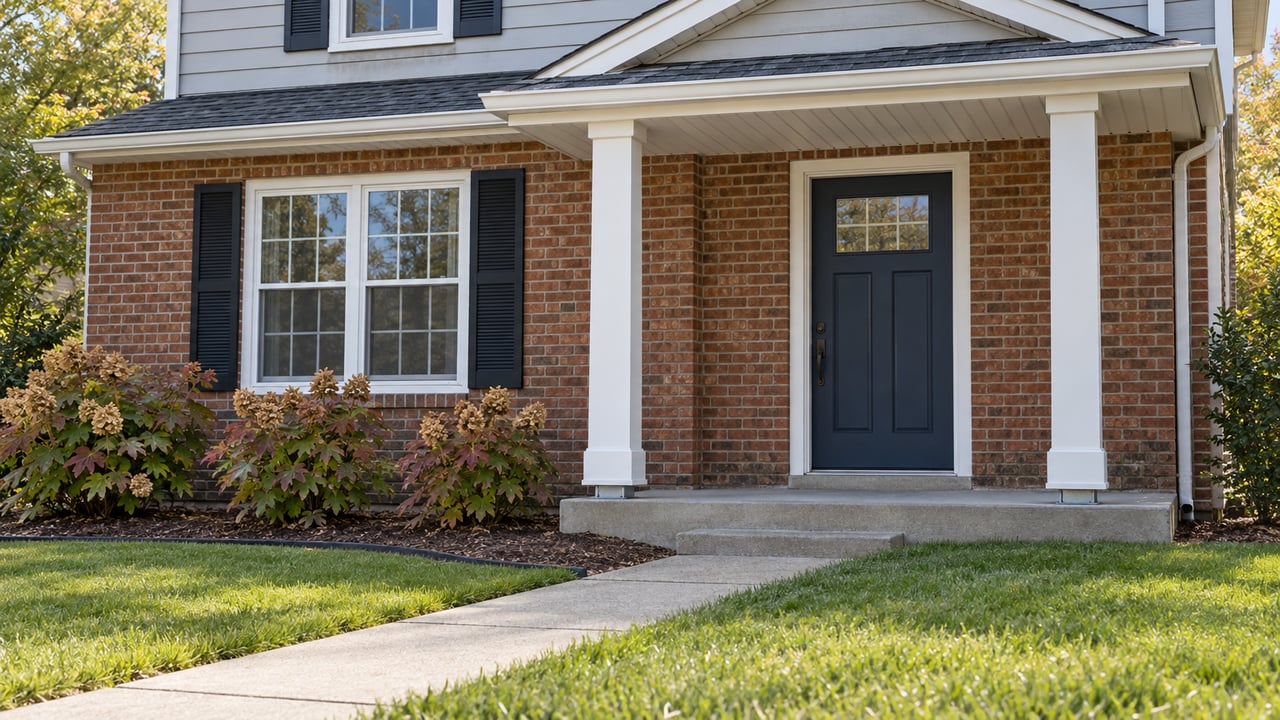 Brick and gray-sided house with a covered entry, divided-light windows, a concrete walk, and oakleaf hydrangeas beside a broad lawn.