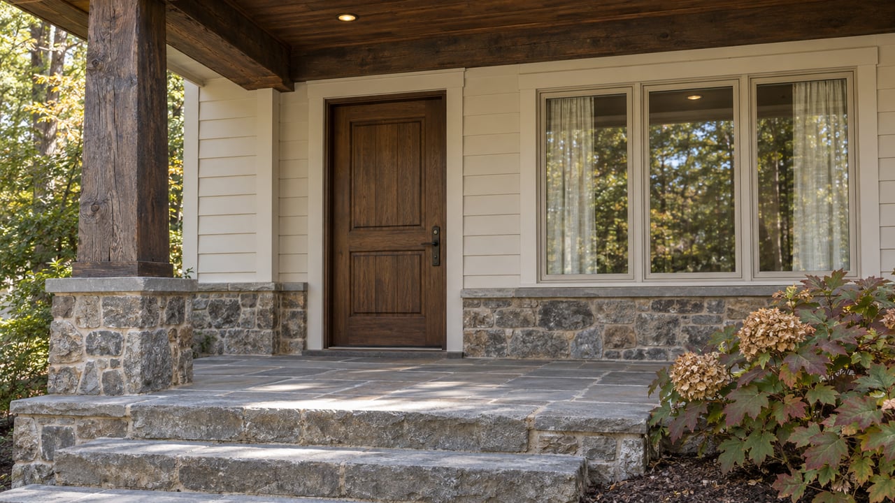 Timber-framed covered porch with an oak entry door, cream siding, stone steps and oakleaf hydrangea.