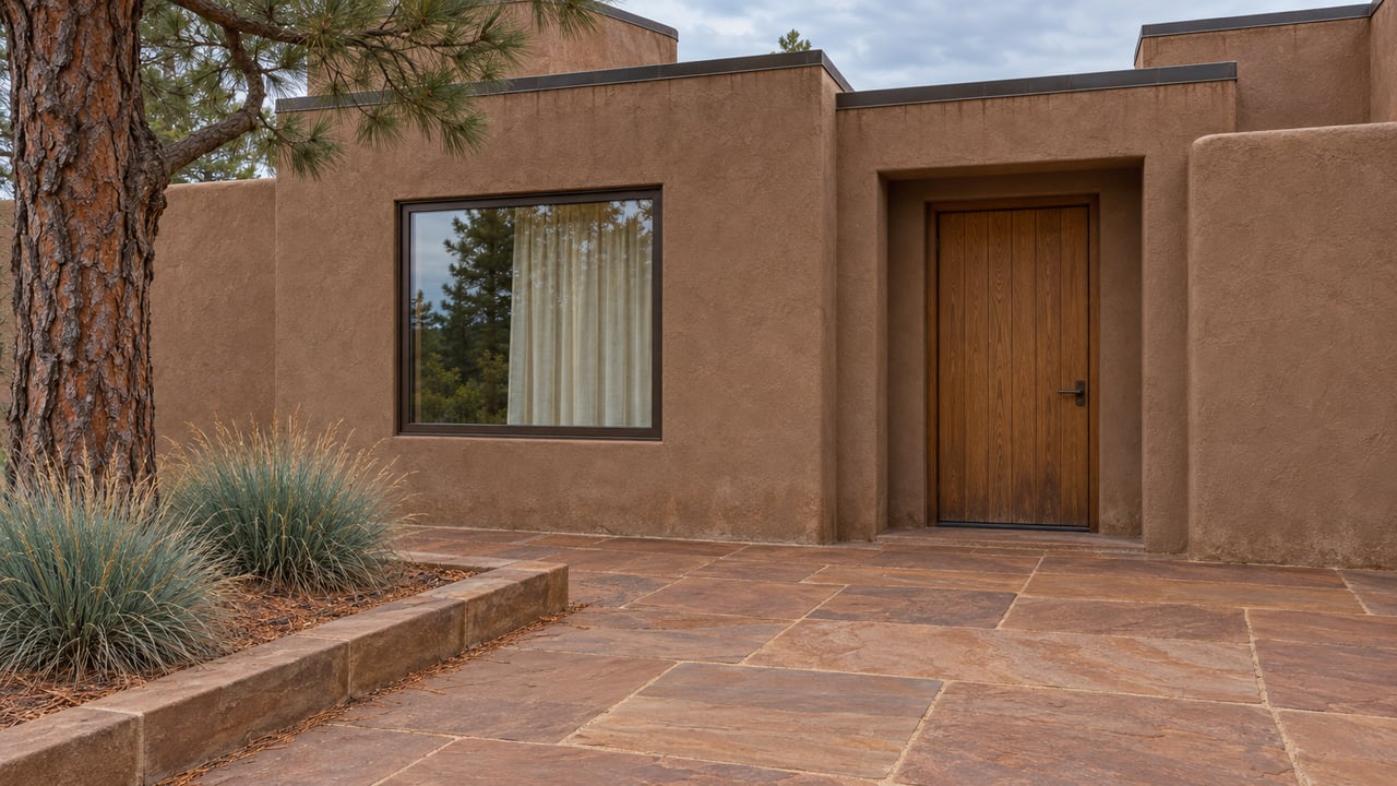 Clay-brown stucco home entry with an oak door, bronze-framed window, sandstone terrace and a mature ponderosa pine.