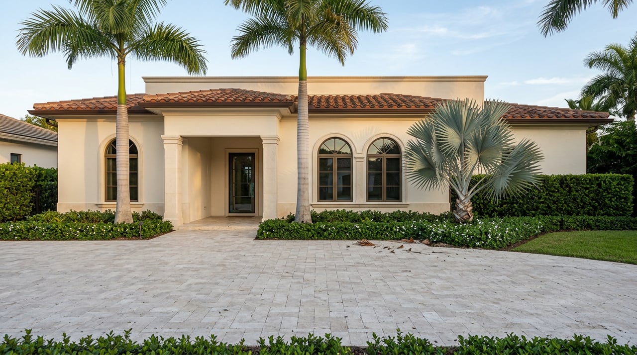 Two-story Mediterranean estate with arched windows, royal palms, and a travertine motor court in warm evening light.
