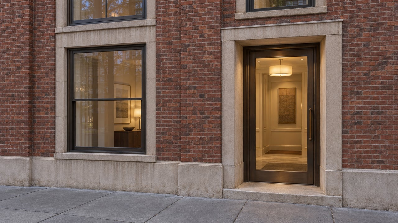 Brick building entrance with a stone-trimmed glass door opening onto a warmly lit lobby.