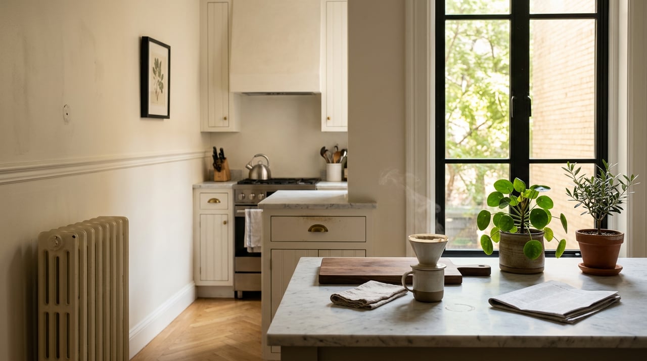 Compact kitchen with white beadboard cabinets, marble counter, potted plants, and a black-framed window.