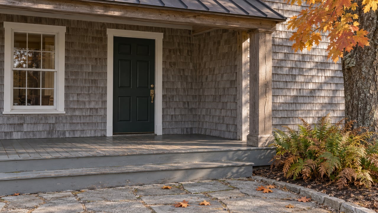 Weathered cedar-shingle house entrance with a green door, timber porch, gray stone approach and orange maple leaves.