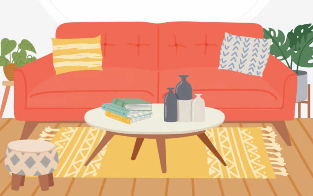 Illustrated living room with a coral sofa, patterned cushions, and a yellow rug.