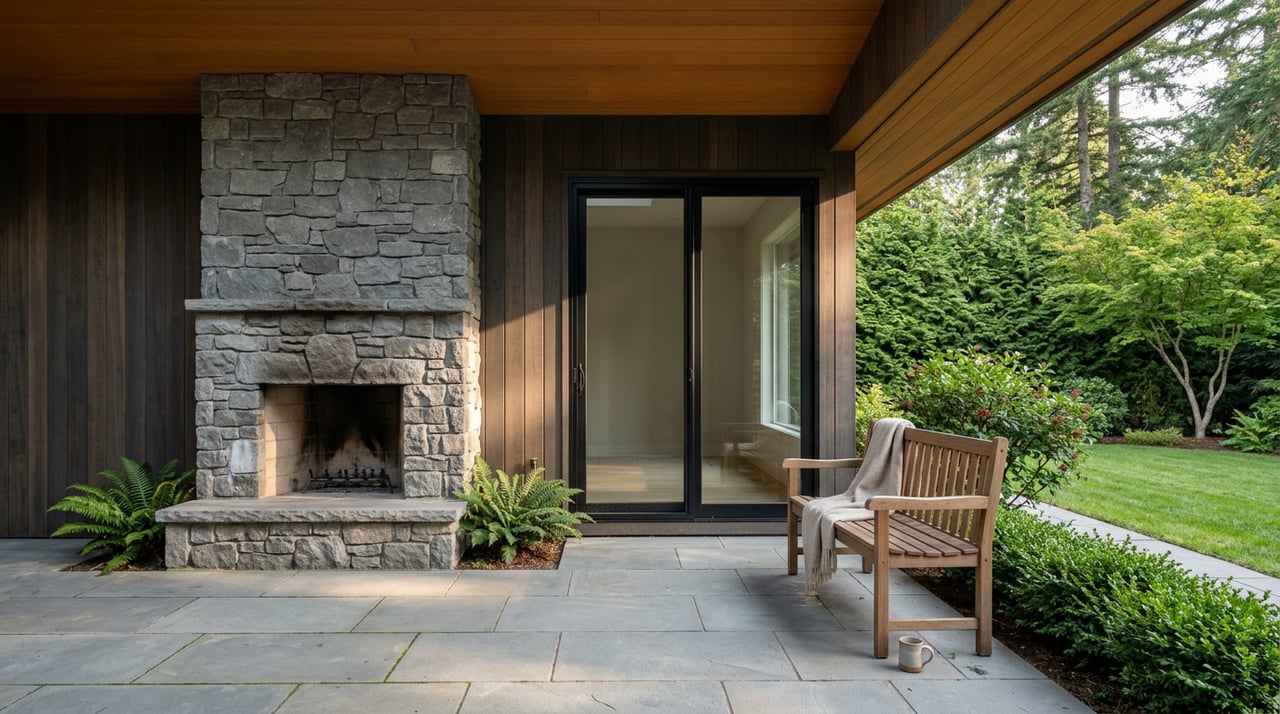 Stone outdoor fireplace beside a cedar-sided home, with an oak bench, bluestone patio, and wooded lawn.