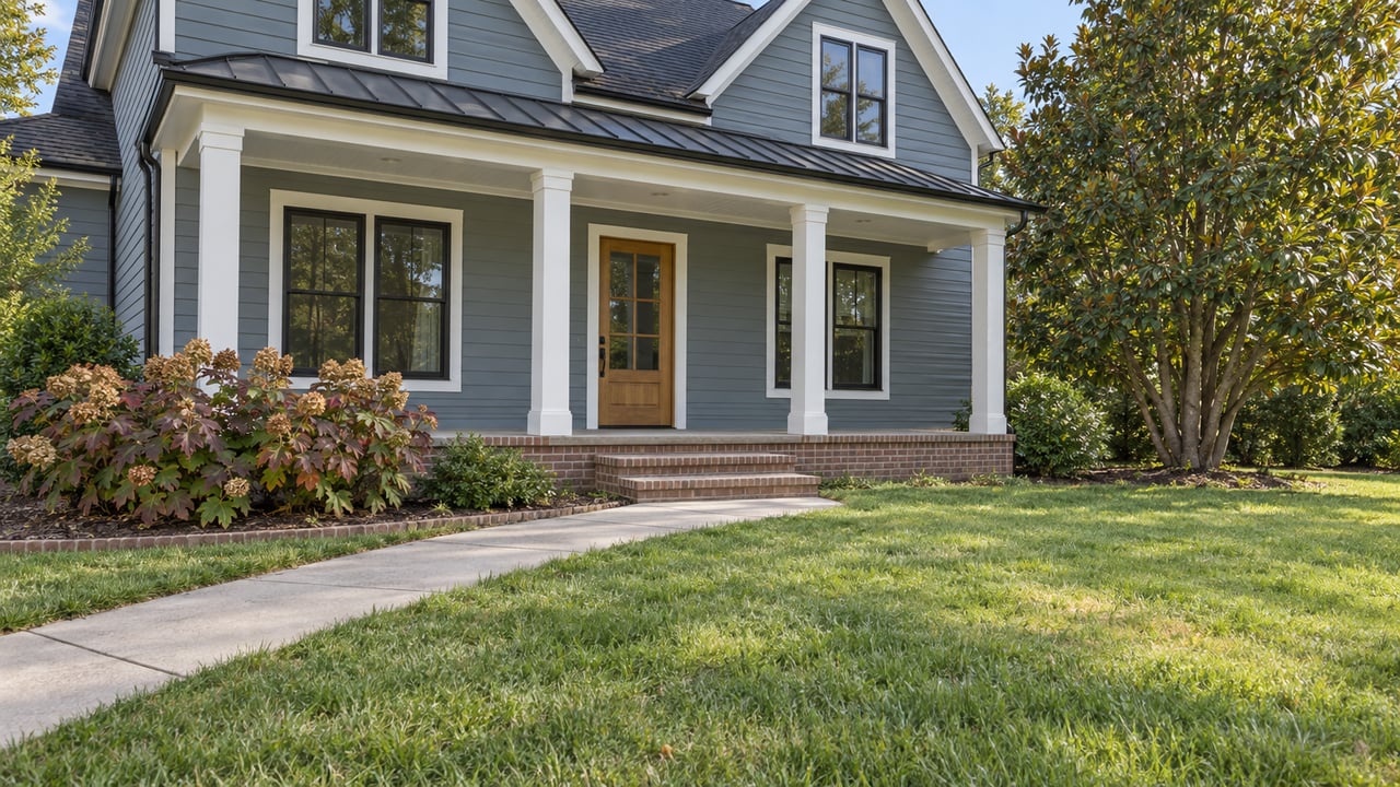 Blue-gray cross-gabled home with a covered porch, brick steps, a deep front lawn and autumn oakleaf hydrangeas.