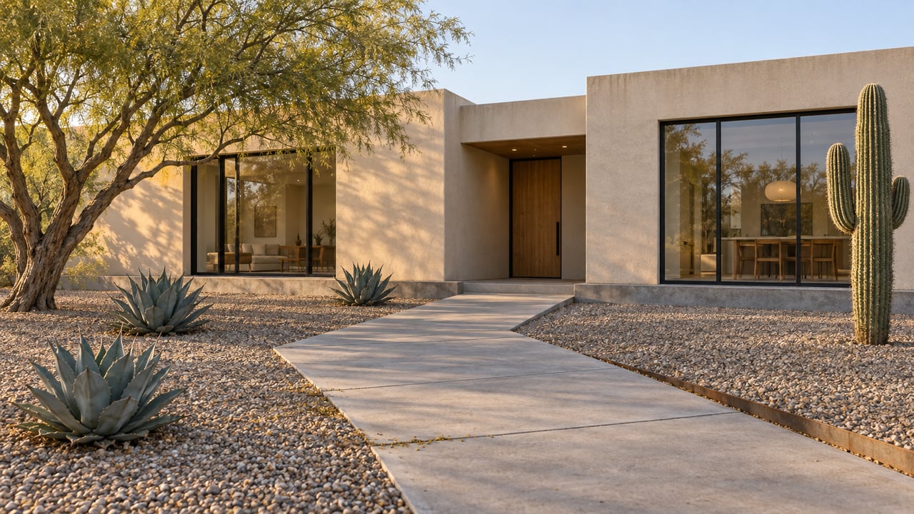 Single-story sand-stucco home with an oak entry, concrete walkway, gravel beds, and desert plants.