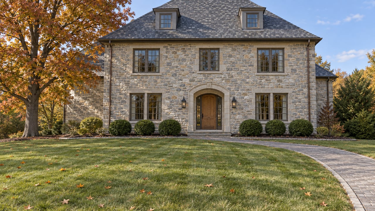 Limestone house with a steep slate roof, curved brick approach, and a broad lawn beneath an autumn sugar maple.