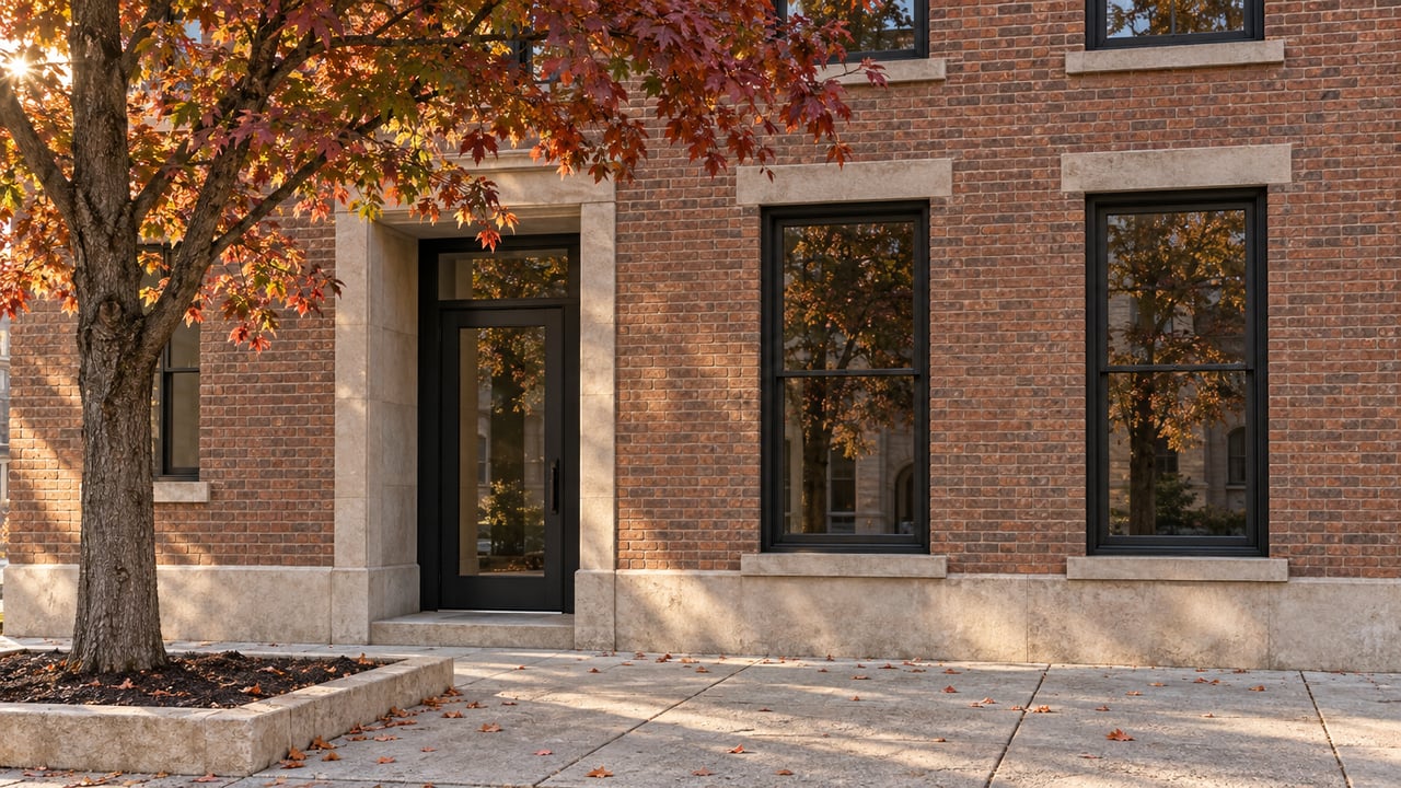 Brick building with black-framed glass entry and windows beside a tree with burgundy, copper, and green leaves.