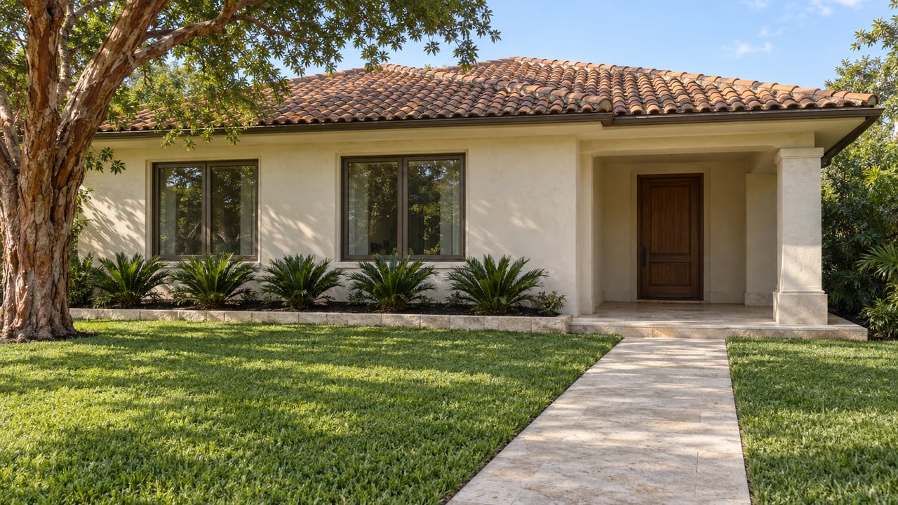 Cream stucco home with a warm clay-tile roof, limestone approach, deep green lawn and a copper-barked specimen tree in morning light.