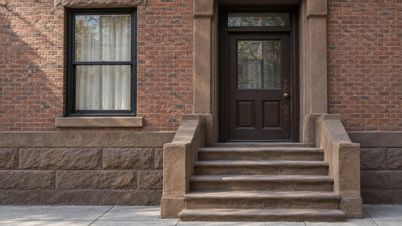 Weathered sandstone stoop leading to a dark timber door beside a double-hung window in a red-brick residential facade.