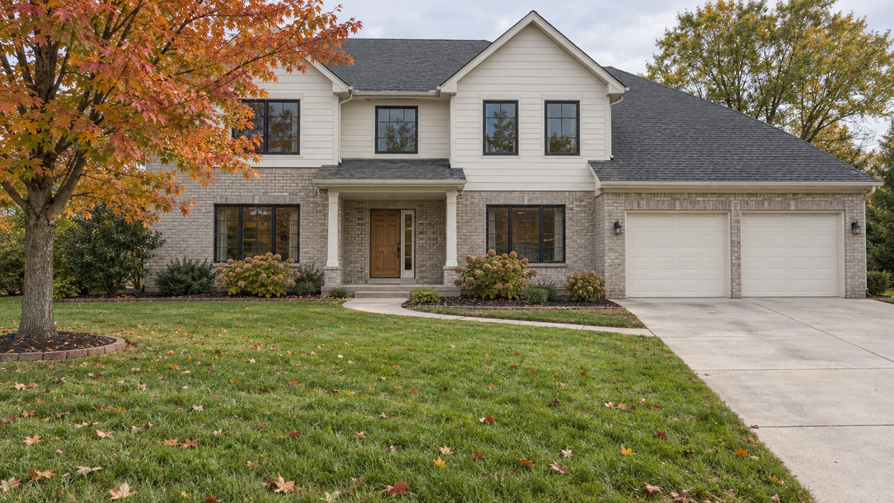 Two-story brick and cream-sided home behind a deep autumn lawn, with an amber maple, curved front walk and attached two-car garage.