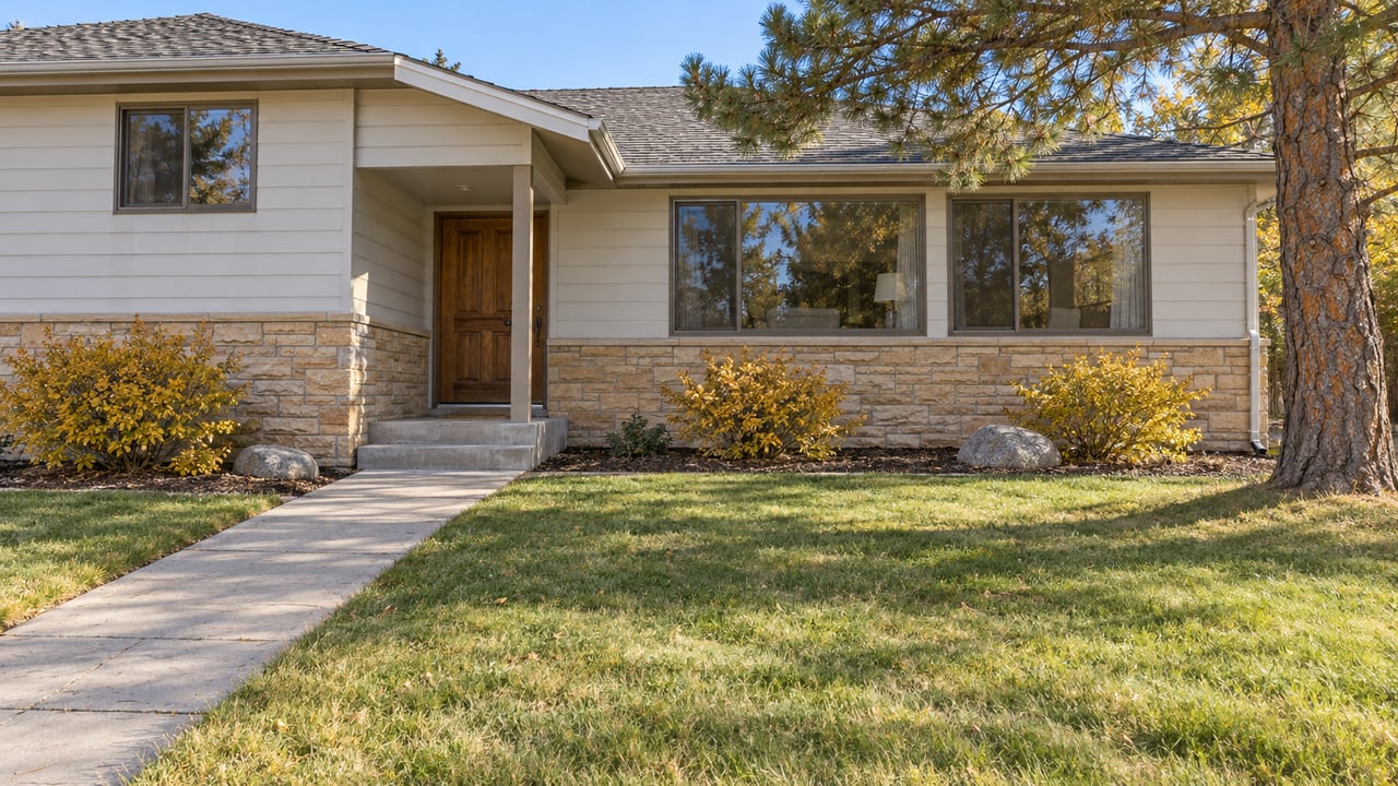 Afternoon sunlight on an off-white split-level home with sandstone accents, a deep lawn, and a mature pine.
