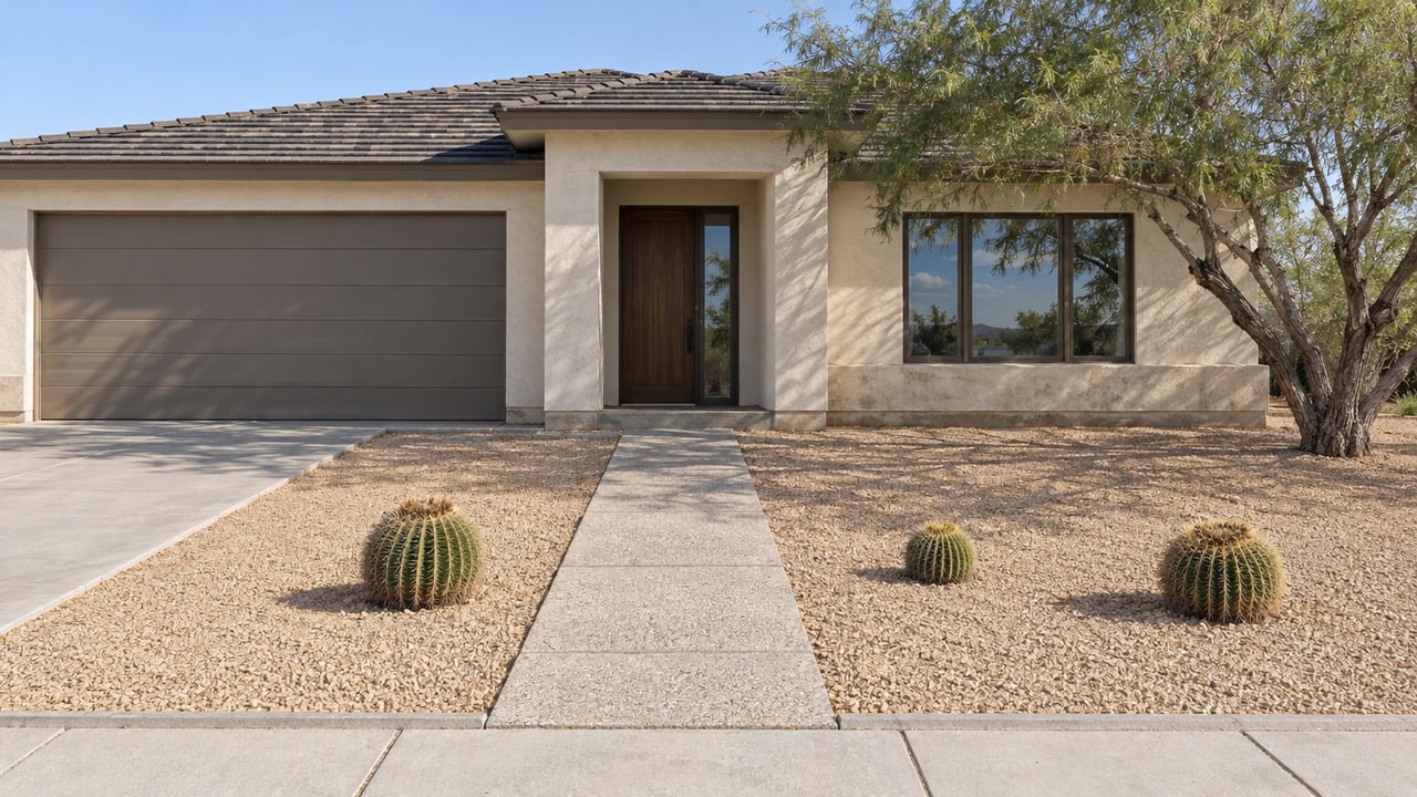 Low-roof stucco home with bronze-framed windows, a shaded wood entry, and a deep gravel front garden with a desert willow and barrel cacti.