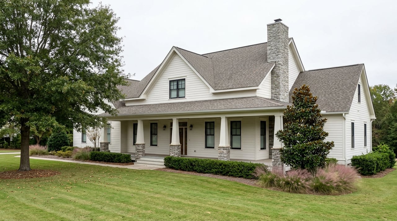 White-sided home with a stone chimney and covered porch, set beyond a broad lawn beneath a mature oak.