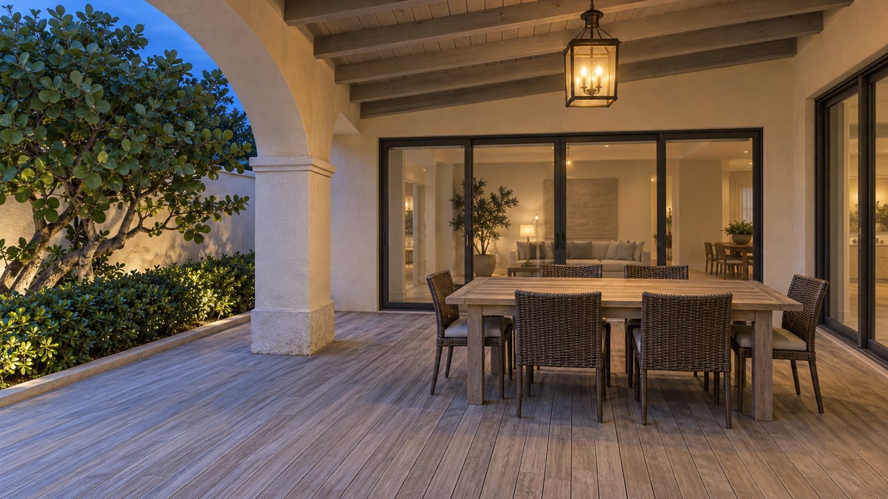 Twilight on a cream stucco covered terrace with teak decking, a six-chair dining table, closed glass doors, and a planted courtyard.