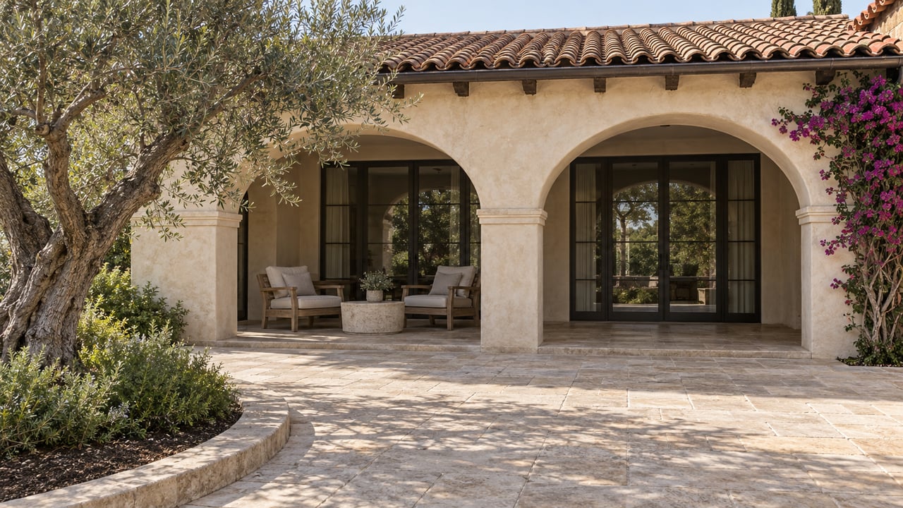 Sunlit limestone courtyard with a mature olive tree, ivory stucco arches, clay roof tiles, and teak terrace chairs.