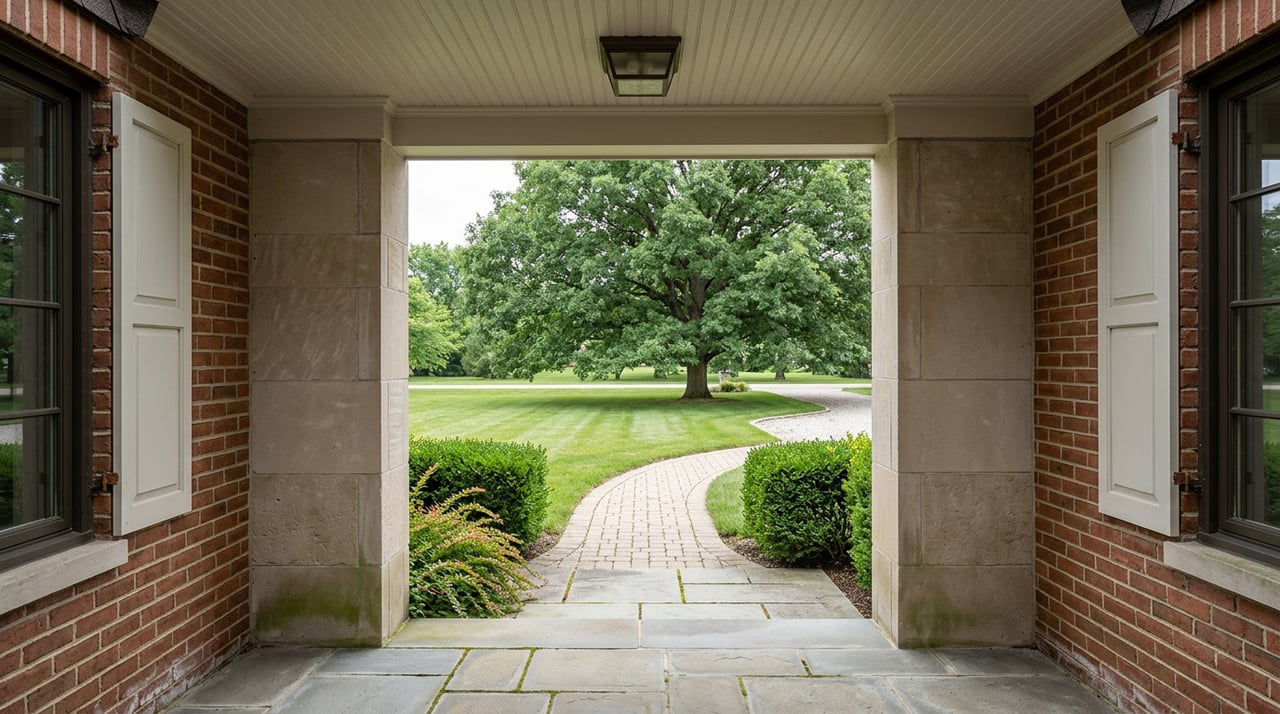 Stone entry alcove frames a curved paver walk across the lawn toward a mature oak.