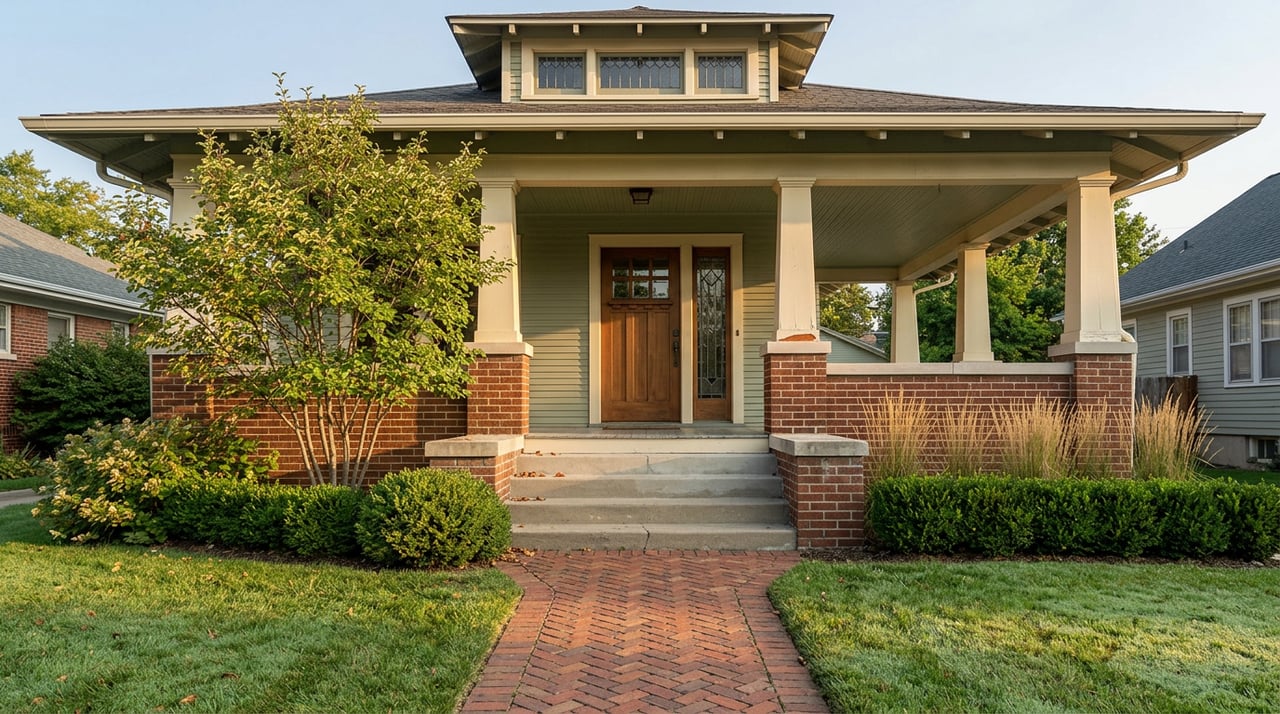 Brick bungalow with a raised porch, leaded-glass windows, and brick walkway bordered by lawn and shrubs.