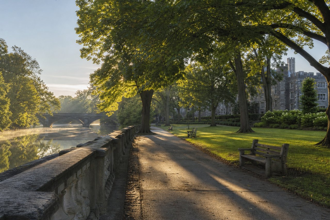 Tree-lined riverside walkway with benches, a stone bridge, and a large stone building.