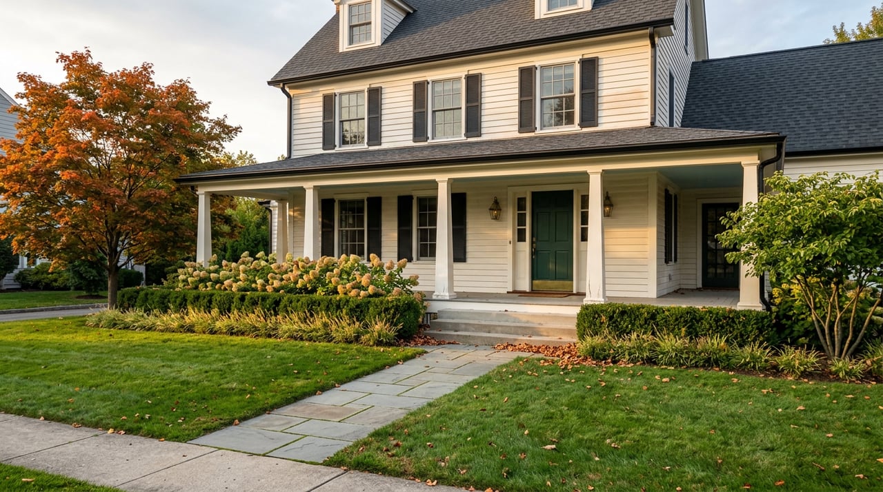 Two-story off-white clapboard home with a wraparound porch, bluestone walkway, broad lawn, and orange-red maple.