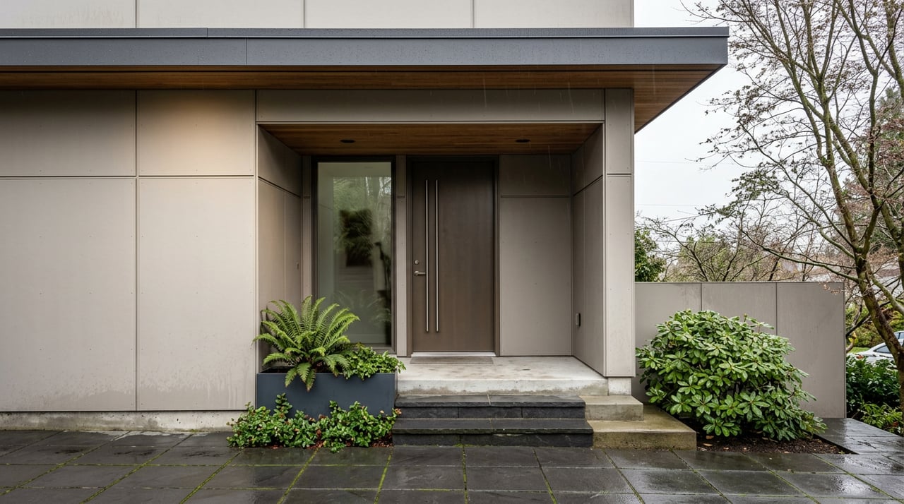 Contemporary home entry with a bronze paneled door, deep wood-lined canopy, gray cladding, and vine maple.