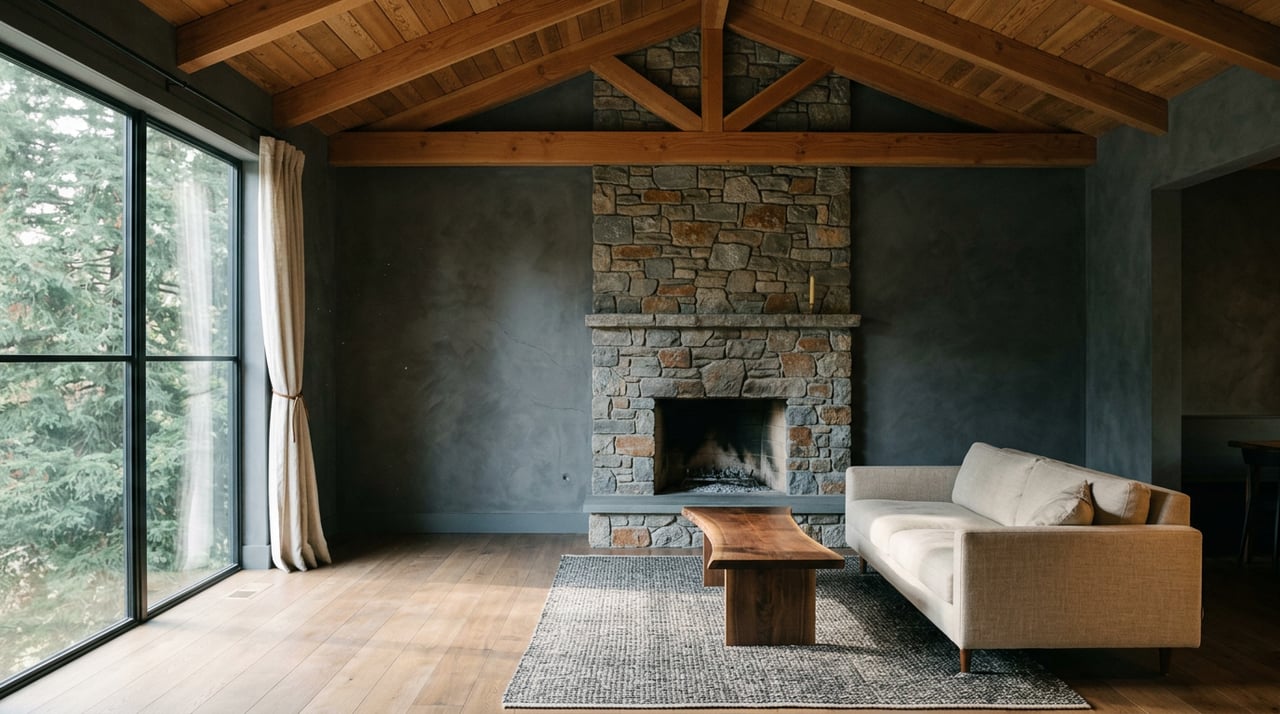 Great room with a fieldstone fireplace, vaulted timber ceiling, and steel-framed window overlooking conifers.