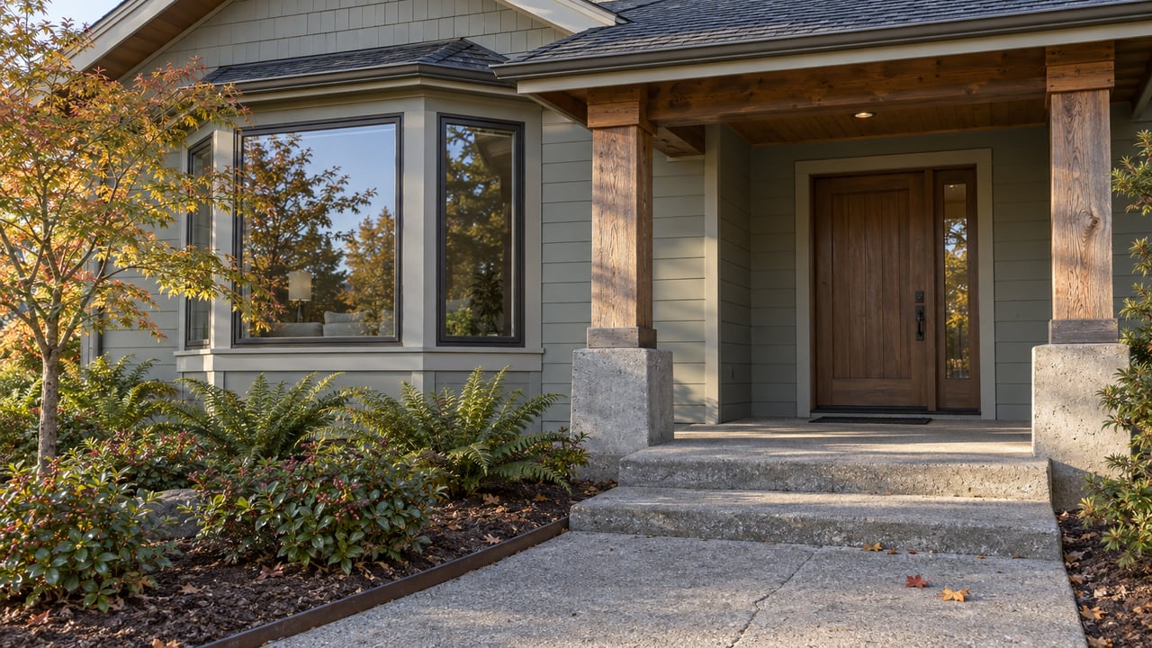 Gray-green home with a cedar porch, glazed living-room bay and concrete approach beside a vine maple and sword ferns.