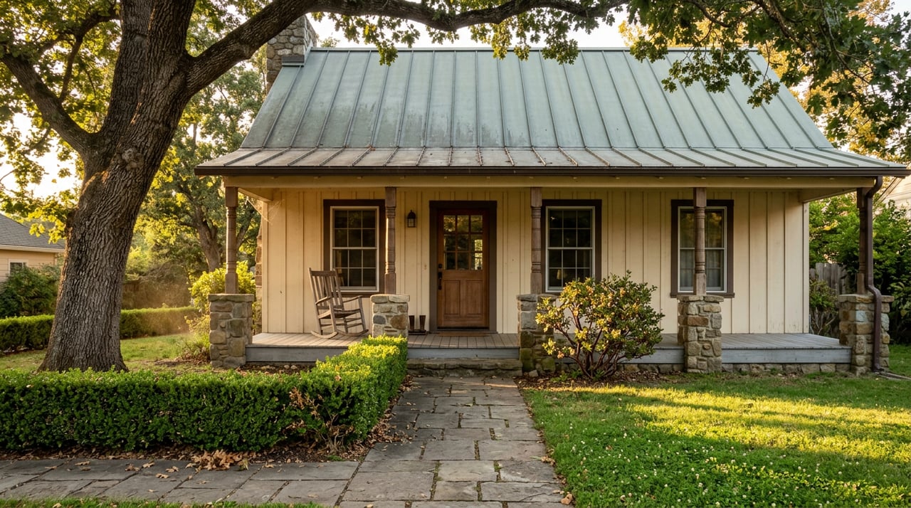 Cream-sided home with covered porch, rocking chair, stone walk, clipped hedge, and oak canopy.