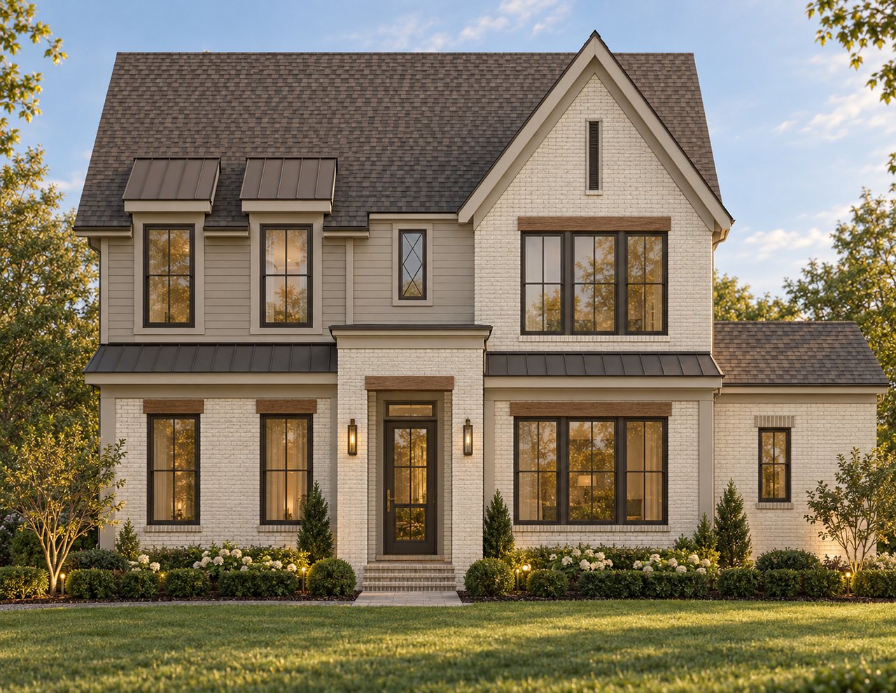 Two-story white-brick and taupe-sided home with a steep roof and landscaped front yard.