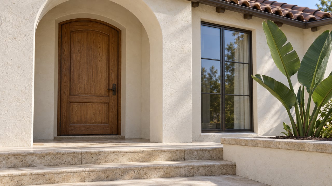 Cream stucco home entrance with a recessed oak door, bronze-framed window, limestone steps and a bird-of-paradise plant.