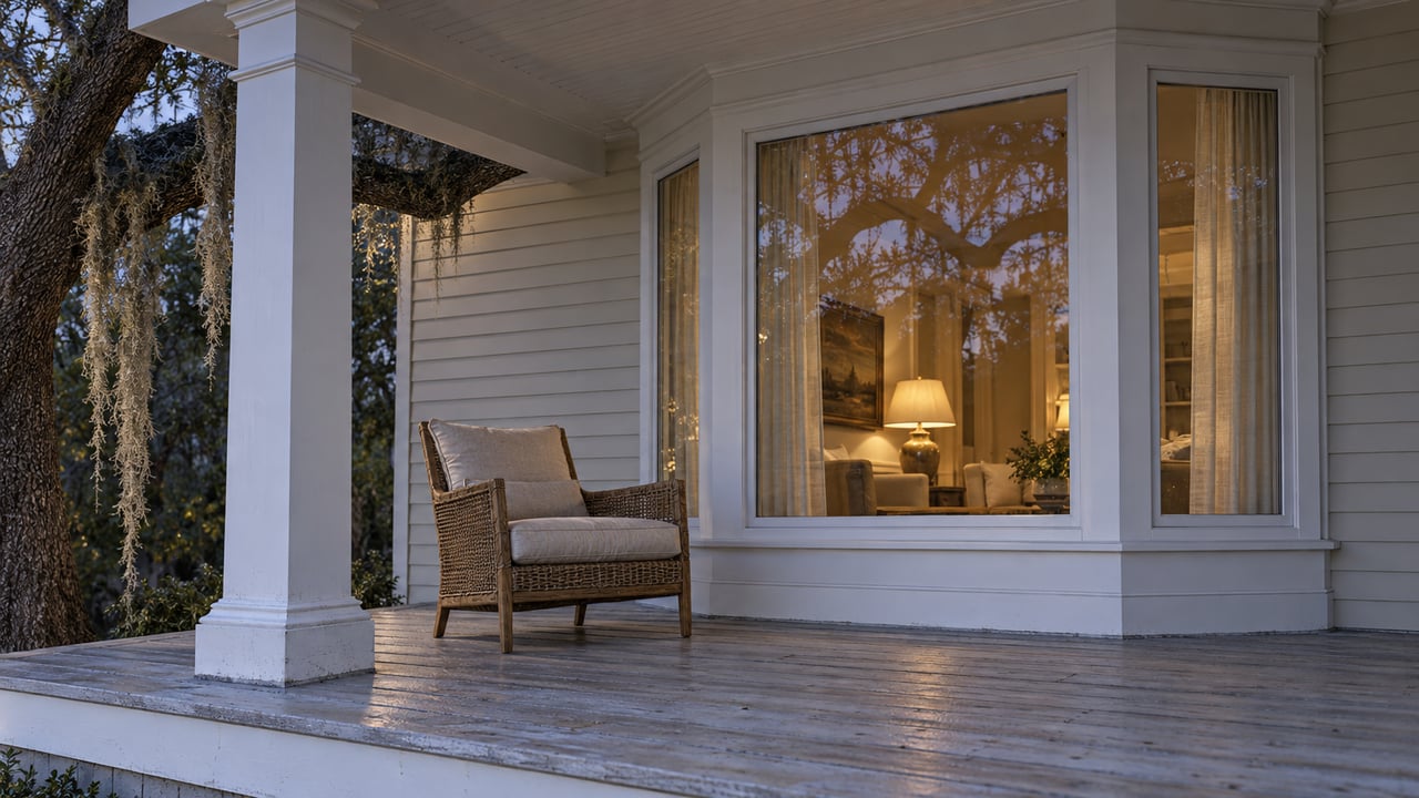 An ivory clapboard cottage porch at twilight, with a warmly lit bay window, a woven chair, and a live oak beside the porch.