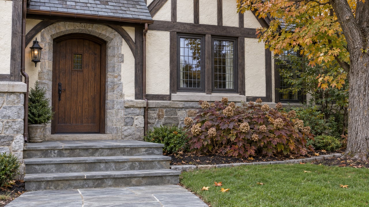 Autumn light on a timber-and-stucco home’s oak entrance, leaded windows and worn bluestone steps beside amber maple leaves.