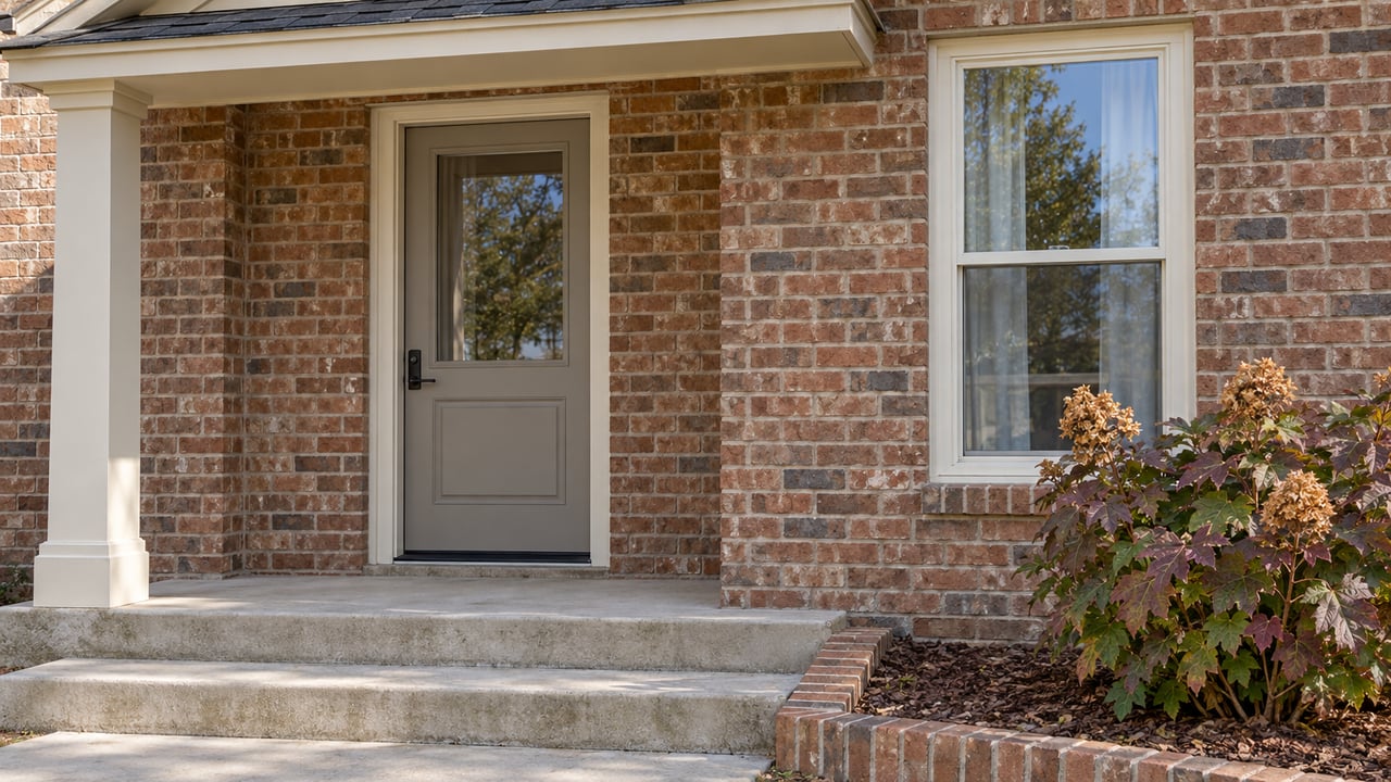Russet brick entry with a gray glazed door, cream window trim, concrete steps and oakleaf hydrangea in autumn color.