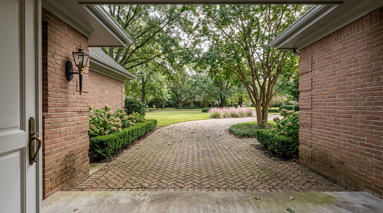 Herringbone brick motor court curves past lawn and crape myrtle, seen from a stone portico.