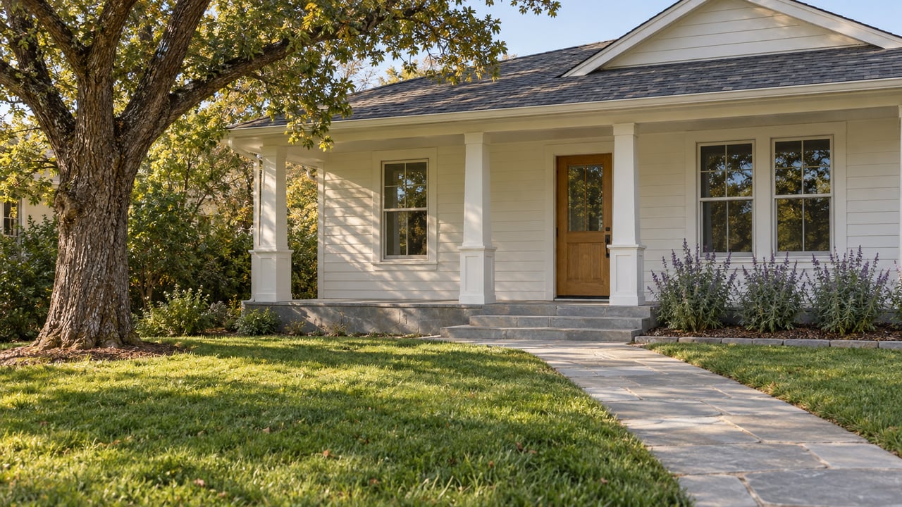 Warm-white house with a covered porch, oak front door, limestone path, and mature oak beside a deep lawn.