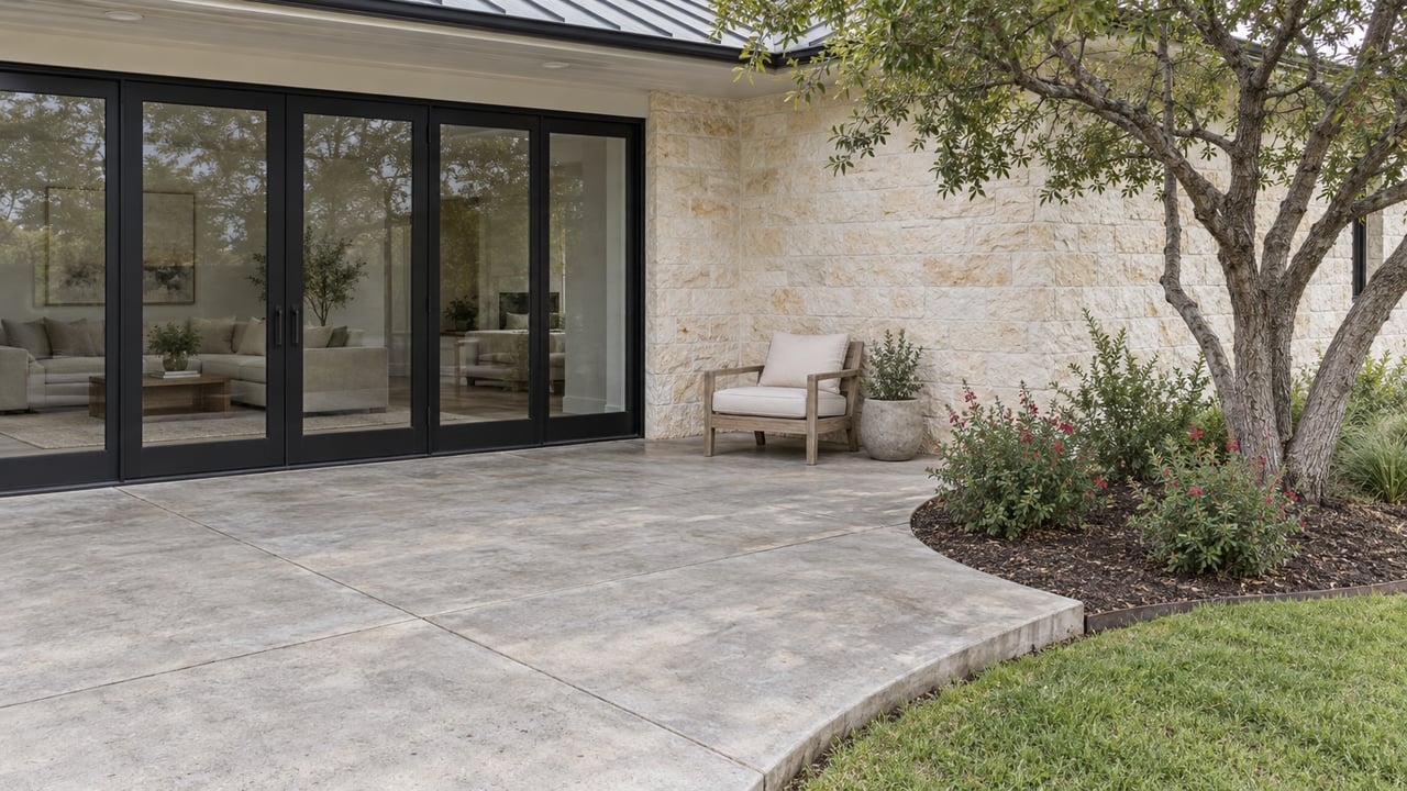Cream limestone home with black-framed glass doors, a concrete patio and teak chair beside a sculptural oak and native planting.