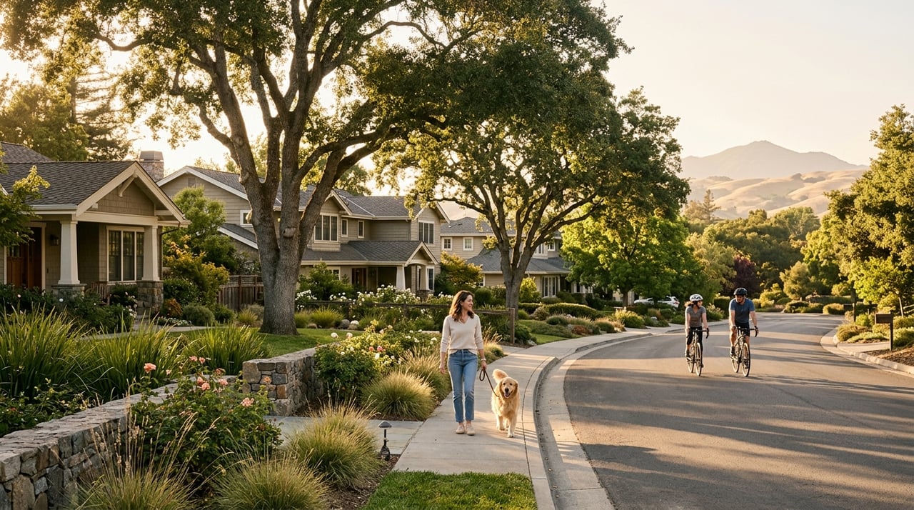 Alamo neighborhood street with landscaped homes, a woman walking a dog, cyclists, and distant hills.