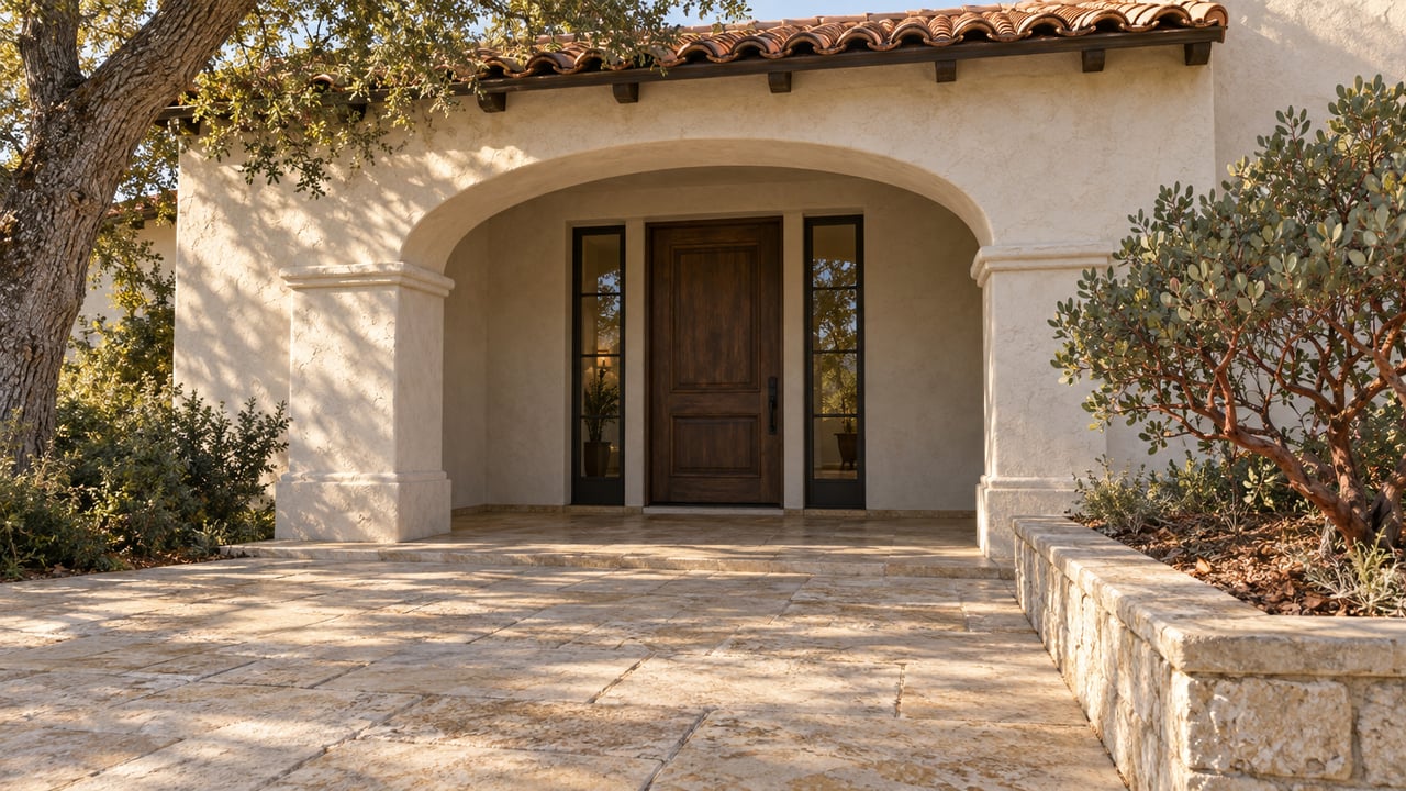 Sunlit limestone terrace leading to a shaded stucco arch and oak front door, with clay roof tiles and a sculptural manzanita beside the porch.
