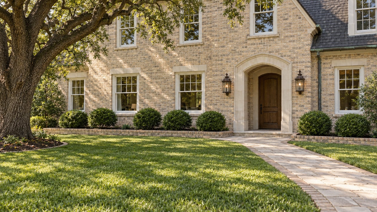 Pale brick house with limestone entry, divided-pane windows and a broad lawn beneath a mature spreading oak.