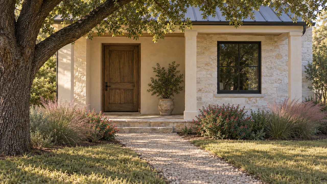 Historic limestone-and-plaster house with a timber door, shaded porch, oak canopy, and narrow path through lawn and flower beds.