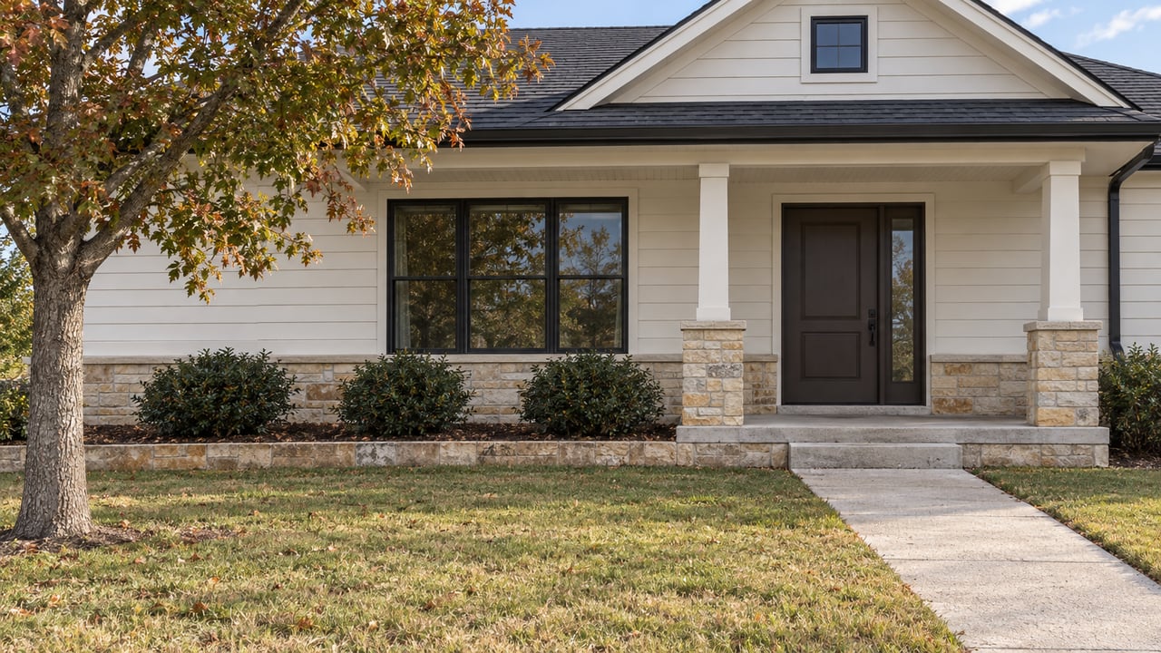 Ivory-sided home with a dark gabled roof, limestone porch base and concrete front walk across an autumn lawn.