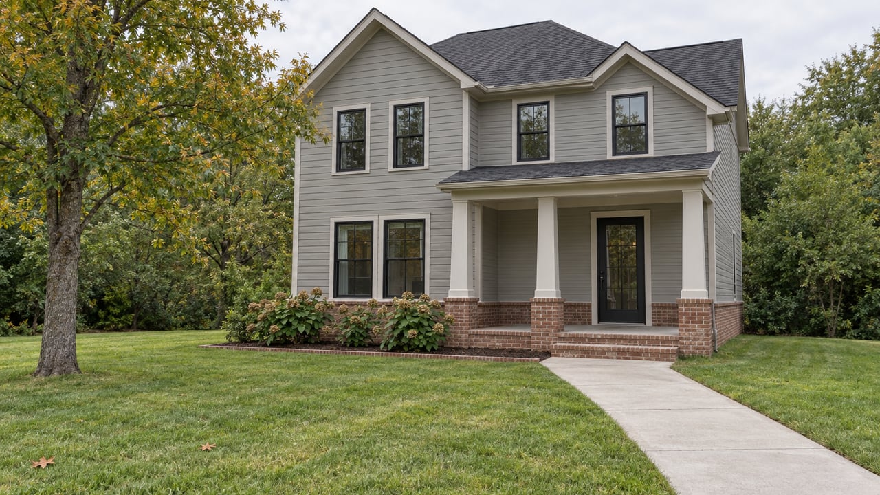 Updated two-story home with gray siding, brick foundation, black-framed windows and a sheltered entry beyond a deep autumn lawn.