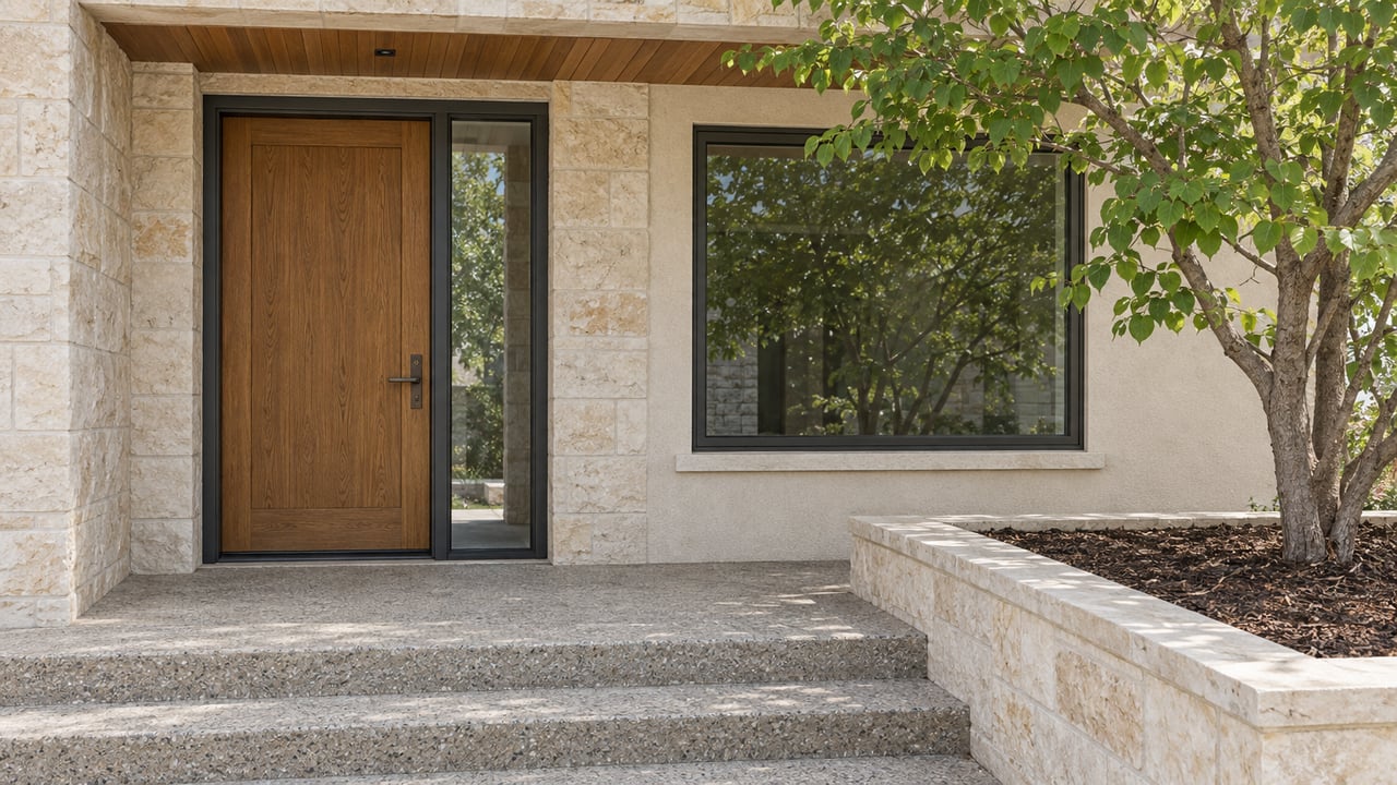 A recessed oak entrance framed by cream limestone and warm stucco, beside a closed picture window and a raised redbud planting bed.