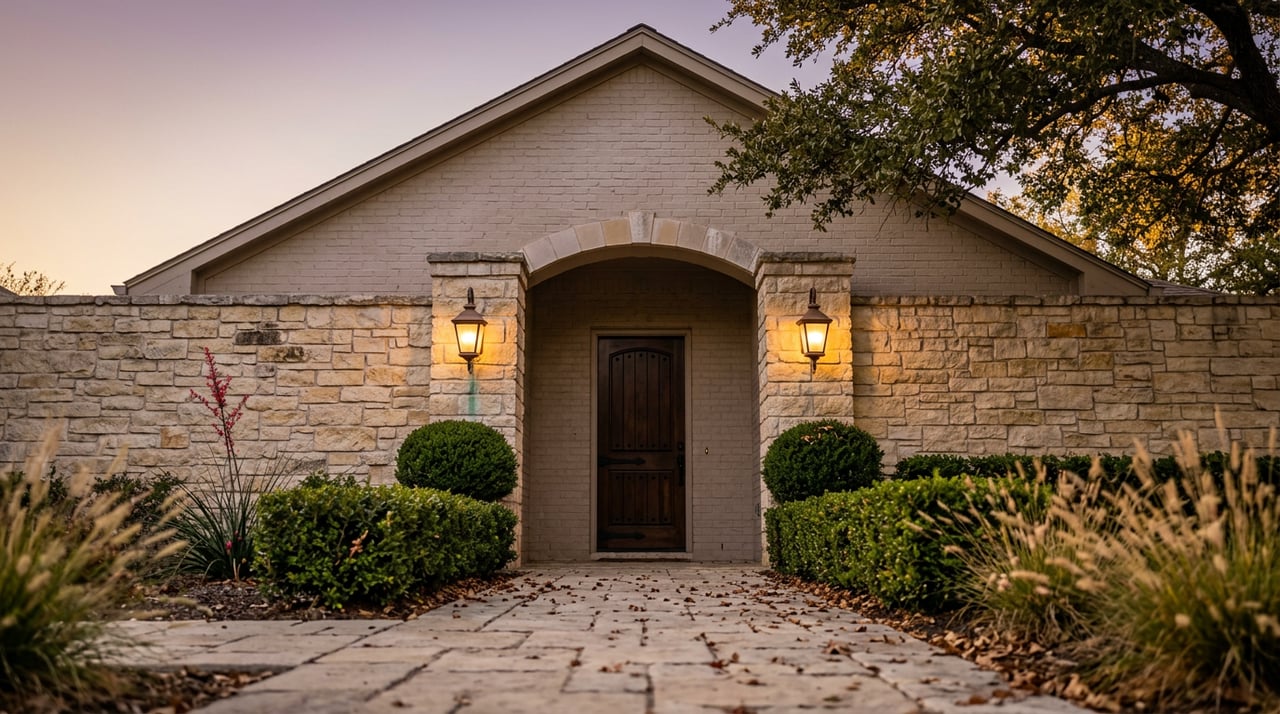 Stone arched entry with a dark wood door, bronze lanterns, and clipped greenery beneath a violet dusk sky.