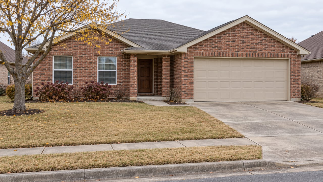 Single-story red-brick home with a two-car garage, broad dormant lawn and a redbud tree beneath an overcast autumn sky.